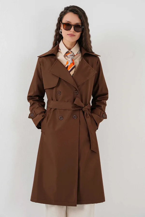 Women's Brown Double-Breasted Belted Lined Trench Coat HZL25W-BD159181