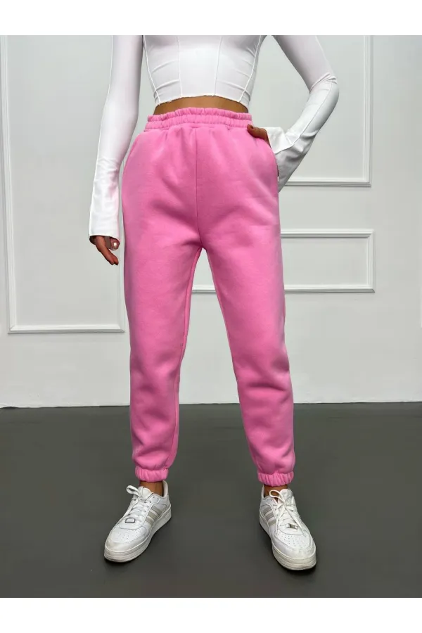 Pantalon de survêtement rose à poches et taille élastique pour femme, taille haute à 3 fils, HZL24W-ZK12321