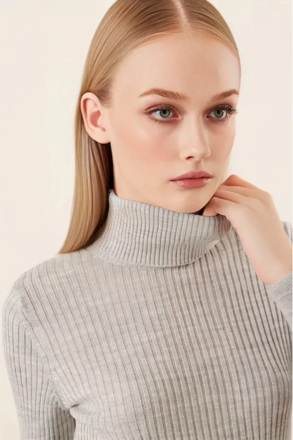 Pull col roulé côtelé gris pour femme HZL22W-BD1445001