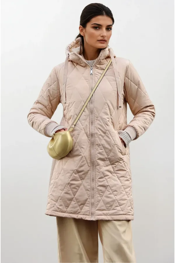 Kadın Krem Kapitone Uzun Şişme Mont HZL22W-BD151381