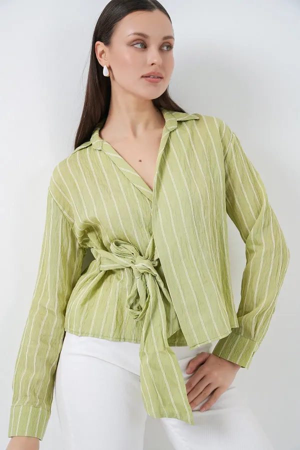 Women's Front Tie Striped Shirt 20362 - Dark Green