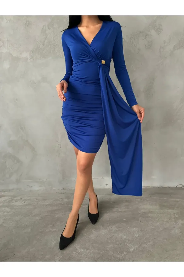 Kadın Saks Mavi V Yaka Toka Ve Büzgü Detaylı Elbise HZL25W-FRY122611