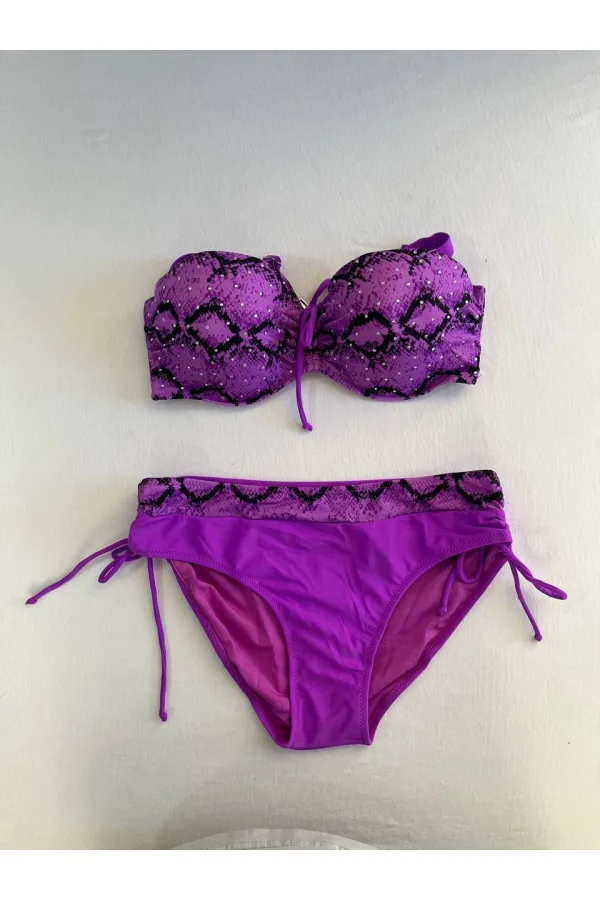Kadın Lila Siyah Desenli Taş İşlemeli Toparlayıcı Bikini Takım HZL25S-LC3333