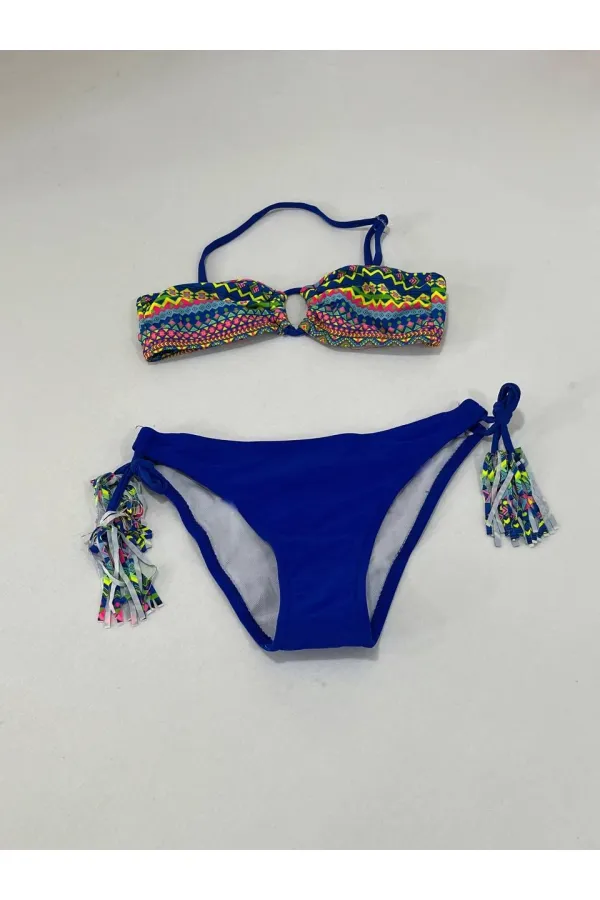 Ensemble bikini triangle bleu à doublure multicolore pour fille, 4-12 ans, HZL24S-LC1904