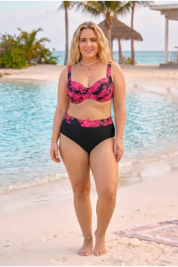 Women's Red Black Plus Size Baroque Pattern High Waist Shaping Bikini Set HZL26S-LC6138-2 Women's Red Black Plus Size Baroque Pattern High Waist Shaping Bikini Set HZL26S-LC6138-2