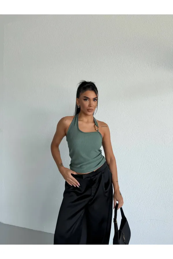 Kadın Yeşil Ottoman Kumaş Halter Yaka Toka Detay Bluz HZL26W-FRY123321