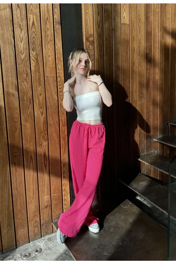 Pantalon large en lin rose pour femme, taille élastique, avec poches, HZL24S-ZK11051