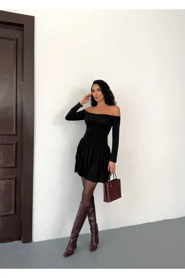 Women's Black Strapless Neckline Layered Skirt Detail Mini Dress HZL25W-FRY123581