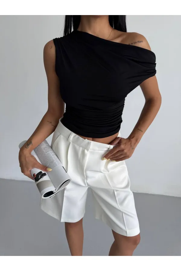 Kadın Siyah Yandan Drapeli Kayık Yaka Sandy Bluz HZL25S-FRY123201