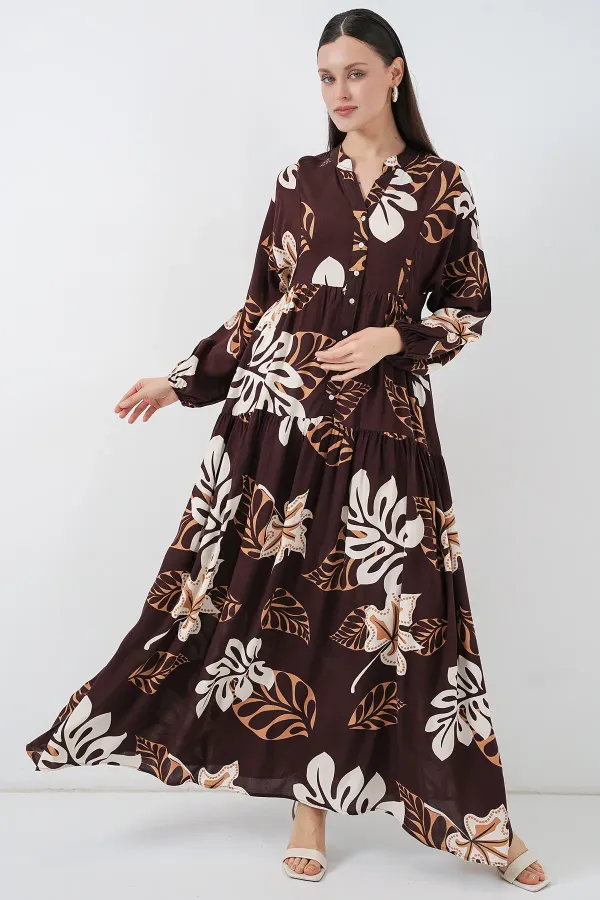 Robe longue hijab à motifs pour femme 2585 - Marron foncé