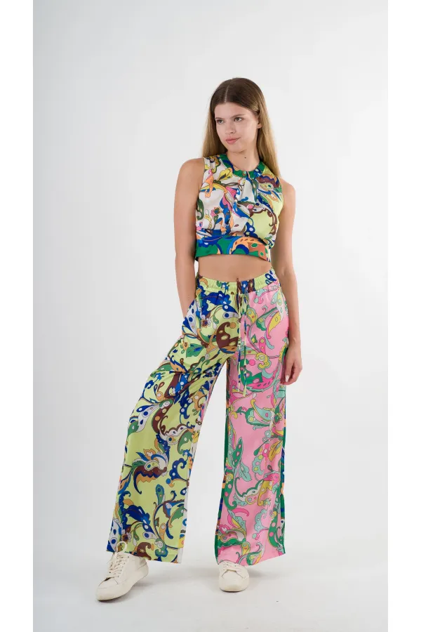 Kadın Yeşil Pembe Desenli Bluz Pantolon Takım HZL22S-YY298