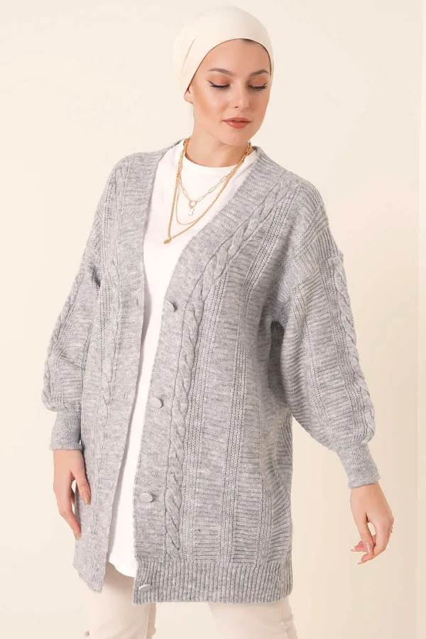 Cardigan long boutonné coupe décontractée en tricot gris clair pour femme HZL23W-BD1100691