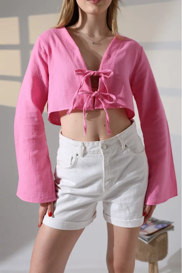 Kadın Pembe Önden Bağlamalı Müslin Kumaş Crop Bluz HZL25S-DSB104071