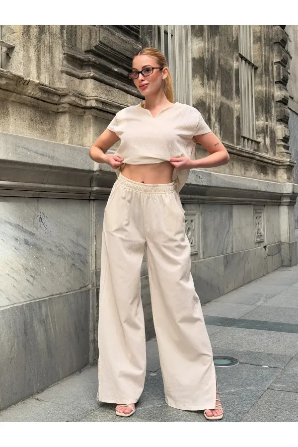 Women's Cream-Colored, Relaxed Fit Linen Top and Bottom Set with Tassel Detail HZL26S-VL14181