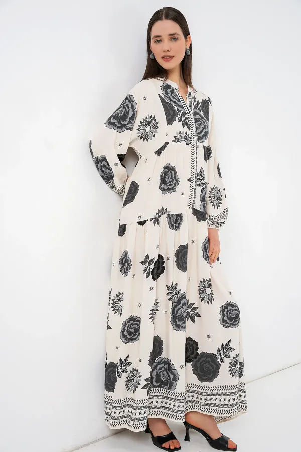 Robe longue hijab à motifs pour femme 2585 - Écru foncé