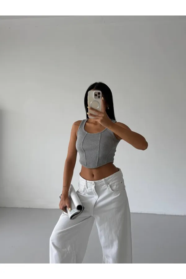 Chemisier court côtelé gris pour femme HZL25S-FRY123171