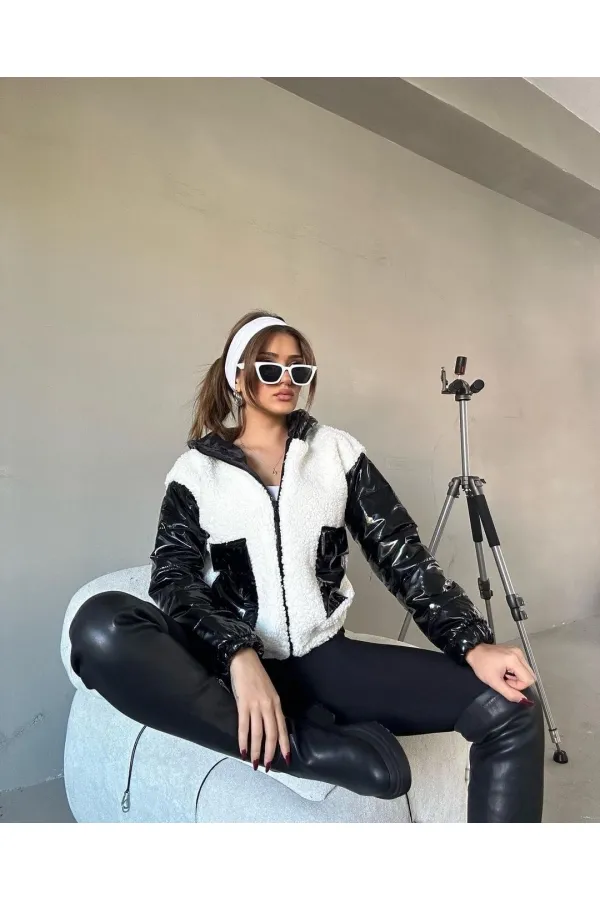 Women's White and Black Patent Leather Lined, Elastic Waist Hooded Crop Plush Coat HZL24W-BRC144441