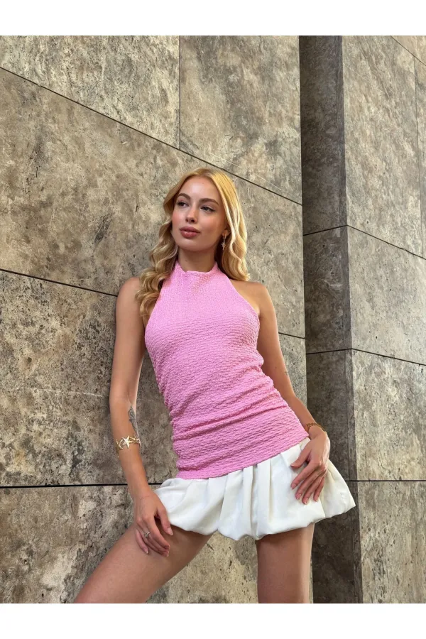 Kadın Pembe Boyundan Bağlamalı Gofre Kumaş Bluz HZL25S-ZK13631