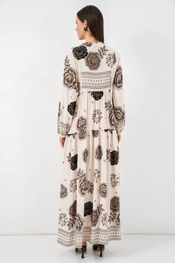 Robe longue hijab à motifs pour femme 2585 - Beige clair