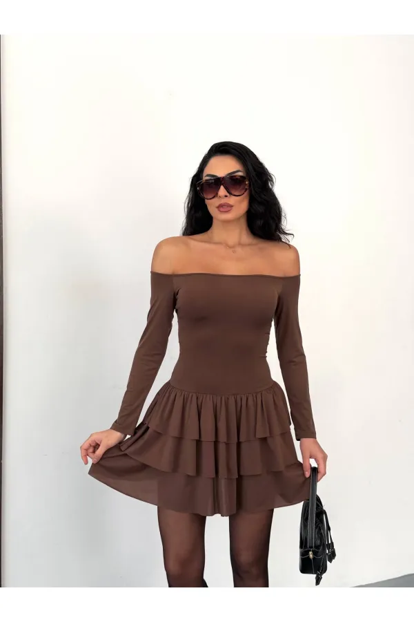 Robe mini marron sans bretelles pour femme, jupe à volants, modèle HZL25W-FRY123581