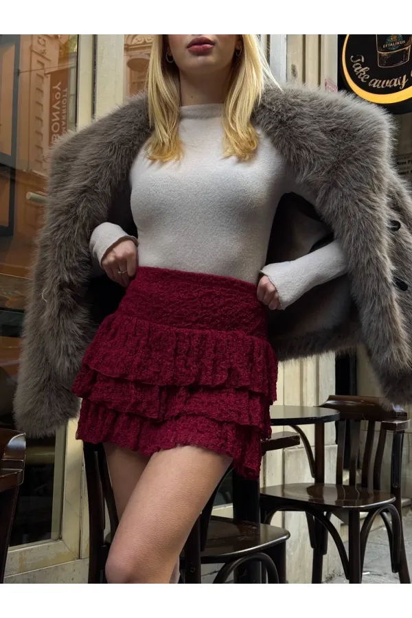 Kadın Bordo Katlı Dantelli Astarlı Mini Etek HZL25W-ZK13481