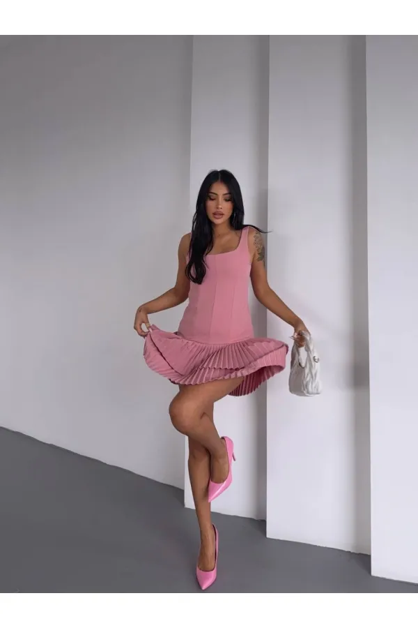 Kadın Pembe Pileli Şortlu Mini Elbise HZL25S-FRY122991