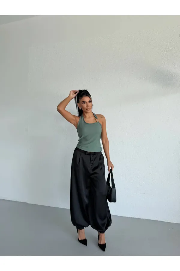 Kadın Yeşil Ottoman Kumaş Halter Yaka Toka Detay Bluz HZL26W-FRY123321