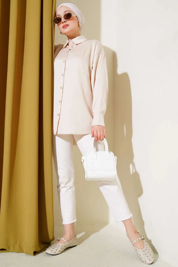 Chemise hijab crème satinée pour femme HZL25W-BD139641