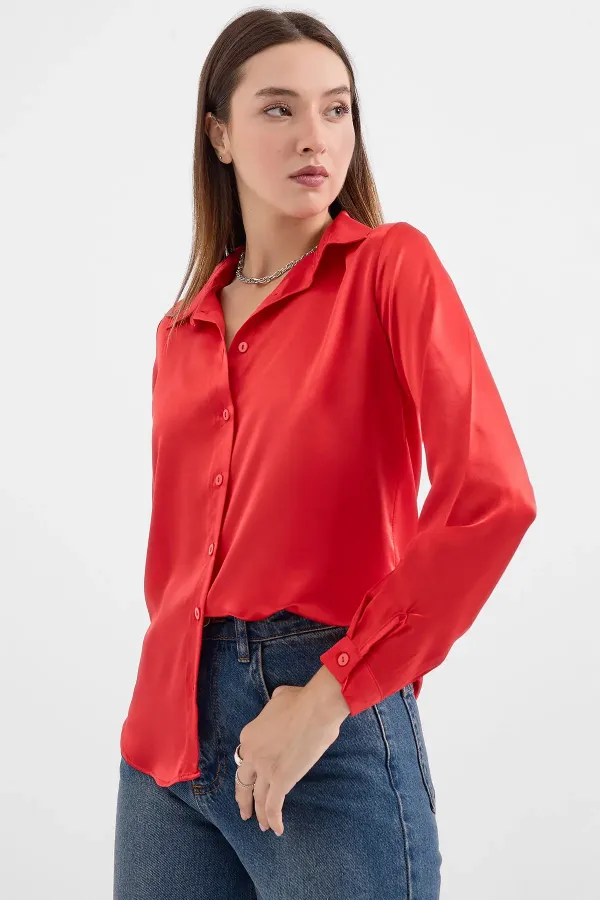 3964 Lightly Draped Satin Shirt - Burgundy