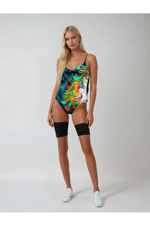 Maillot de bain femme vert à motif feuilles tropicales HZL25S-LC0046
