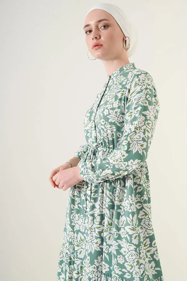 2144 Hakim Yaka Tesettür Elbise - Çağla