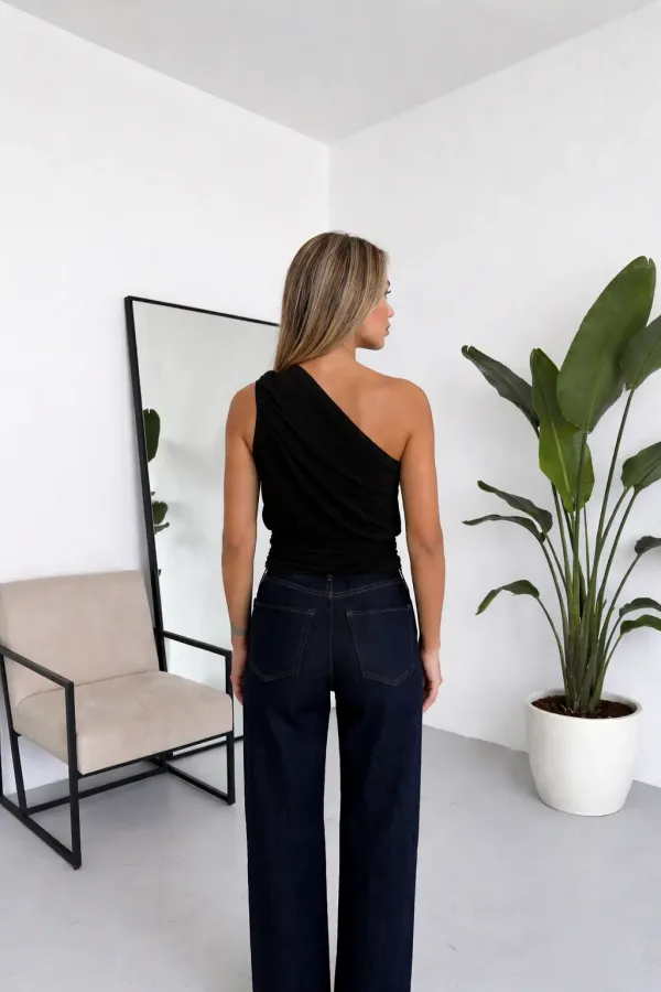 Women's Black Asymmetrical One-Shoulder Draped Blouse with Gold Accessory Details HZL26S-FRY123751