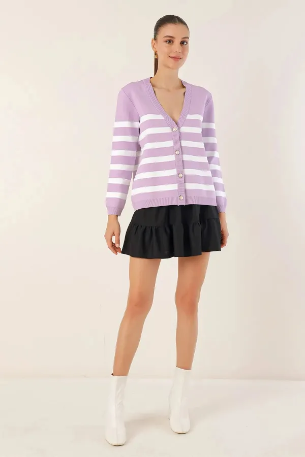 Cardigan en tricot à rayures lilas pour femme, coupe décontractée, col en V, HZL24W-BD1102151