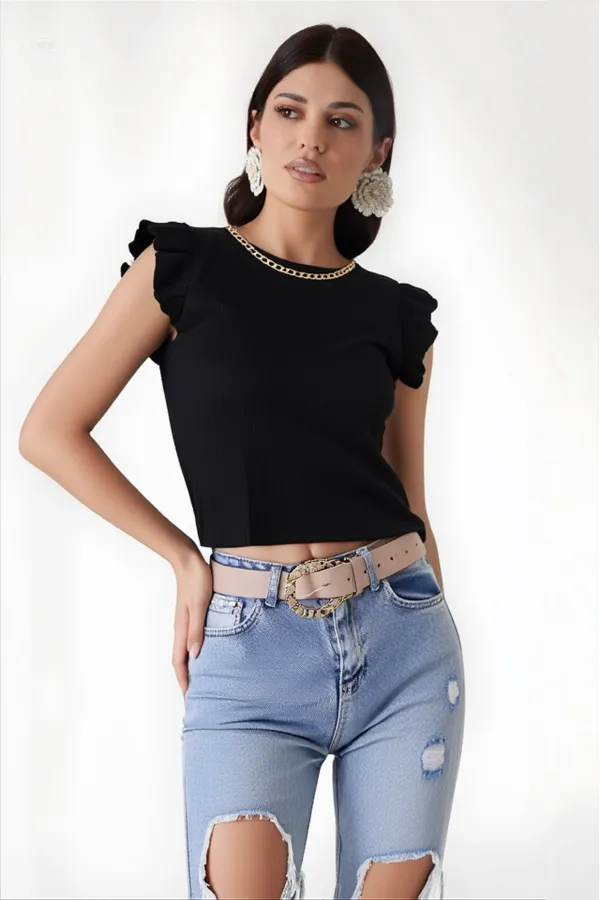 Kadın Siyah Fırfır Kollu Zincir Kolyeli Örme Bluz HZL22S-BD104301