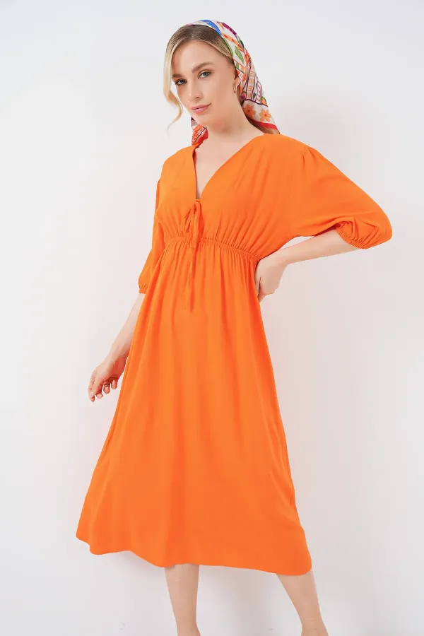 Robe 2570 pour femme, col en V et taille froncée - Orange
