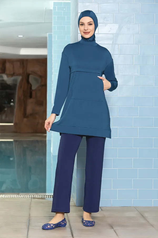 Women's Hijab Petrol Blue Pocketed Long Sleeve Fully Covered Tights Lycra Dress Swimsuit HZL24S-AR1254-29