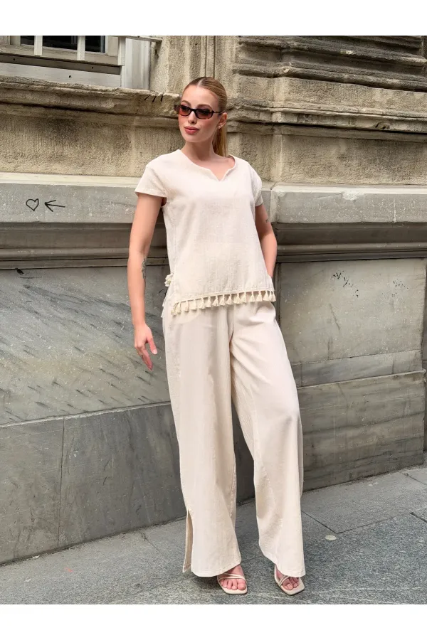 Women's Cream-Colored, Relaxed Fit Linen Top and Bottom Set with Tassel Detail HZL26S-VL14181