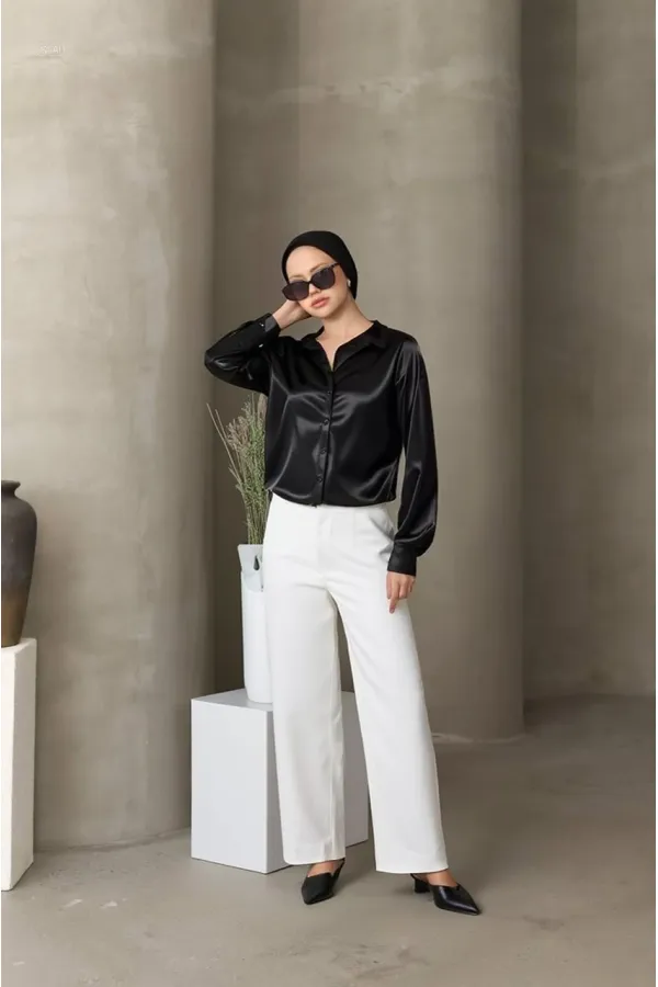 Kadın Siyah Tesettür Küçük ve Büyük Bedenler Hafif Dökümlü Saten Yüzeyli Gömlek HZL25W-BD139641