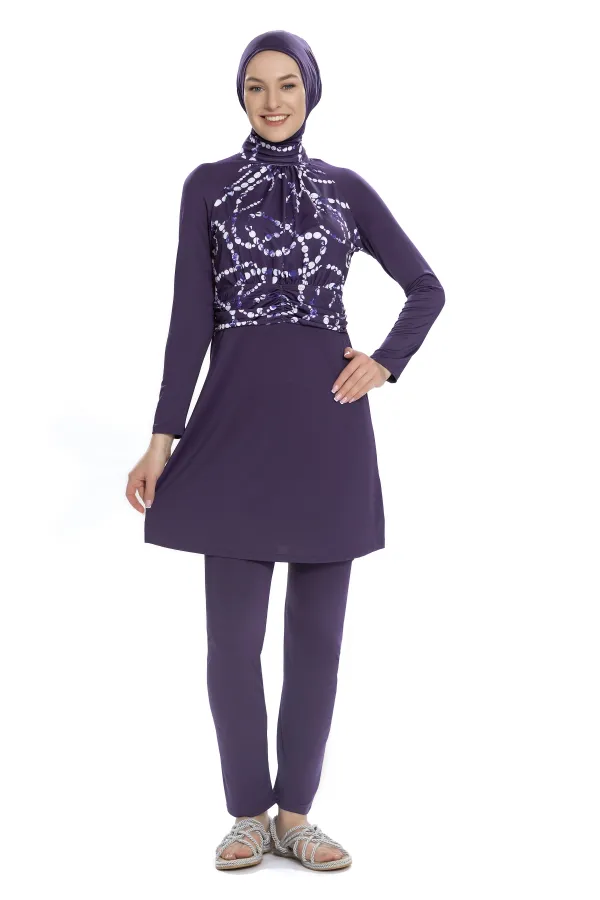 Kadın Mor Beyaz Desenli Uzun Kollu Tam Kapalı Tesettür Mayo HZL25S-AR259/23