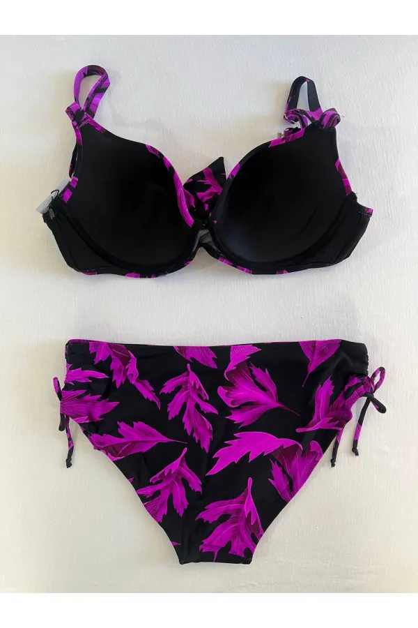 Kadın Siyah Mor Taş İşlemeli Büyük Beden Bikini Takım HZL25S-LC3337