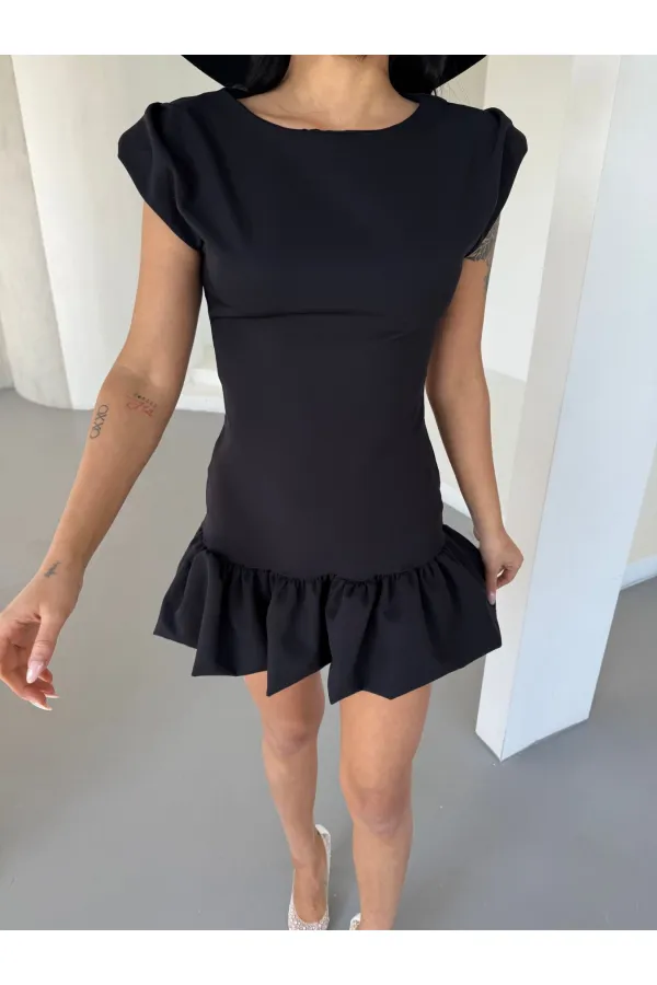 Kadın Siyah Vatkalı İthal Dooble Kumaş Kolsuz Mini Elbise HZL25S-FRY12274