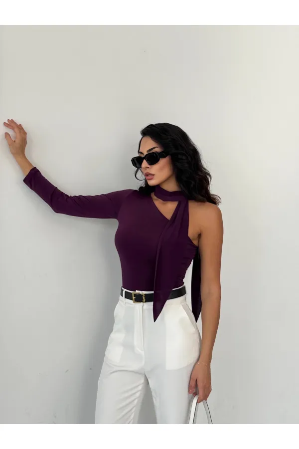 Kadın Mor Fularlı Sandy Kumaş Asimetrik Kesim Bluz HZL25S-FRY123371