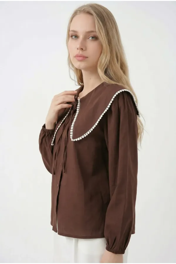 Women's Brown Baby Collar Buttoned Stylish Casual Shirt HZL26S-BD1203141