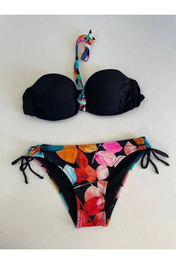 Ensemble bikini doublé brodé de pierres noires pour femme HZL25S-LC207