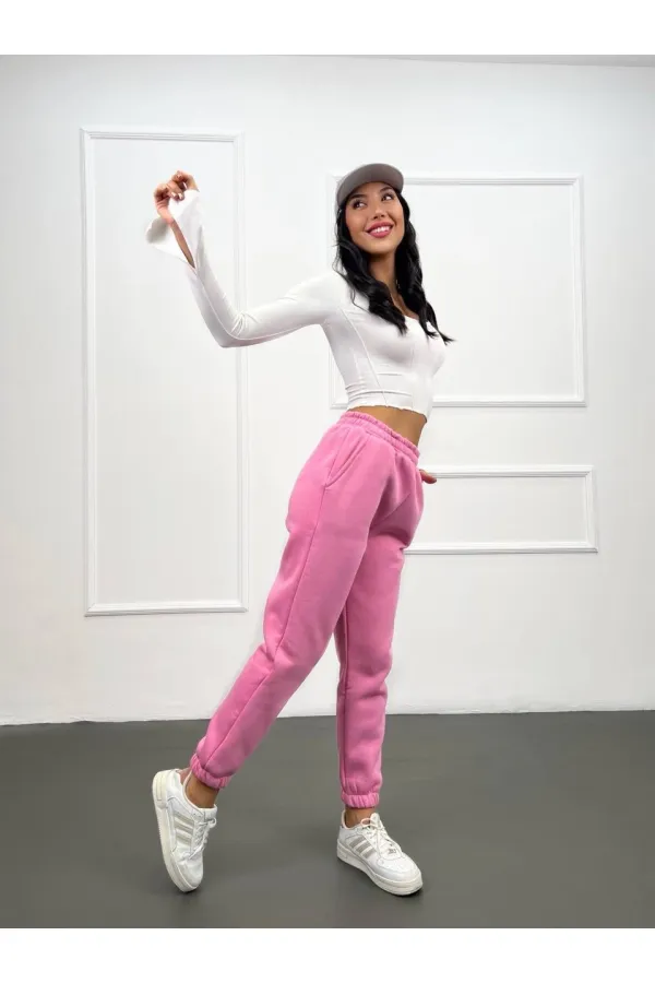 Pantalon de survêtement rose à poches et taille élastique pour femme, taille haute à 3 fils, HZL24W-ZK12321