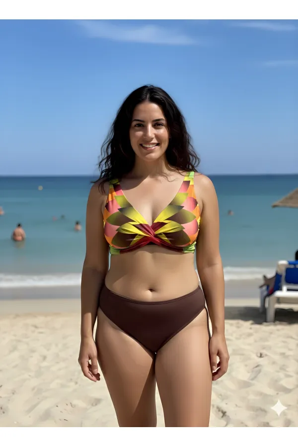 Women's Brown Multicolored High-Waisted Lined Plus Size Bikini Set HZL25S-LC22315