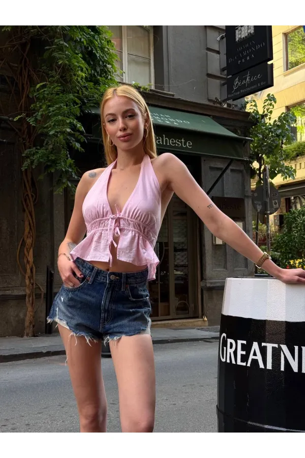 Chemisier dos nu en lin rose pour femme HZL24S-ZK11081