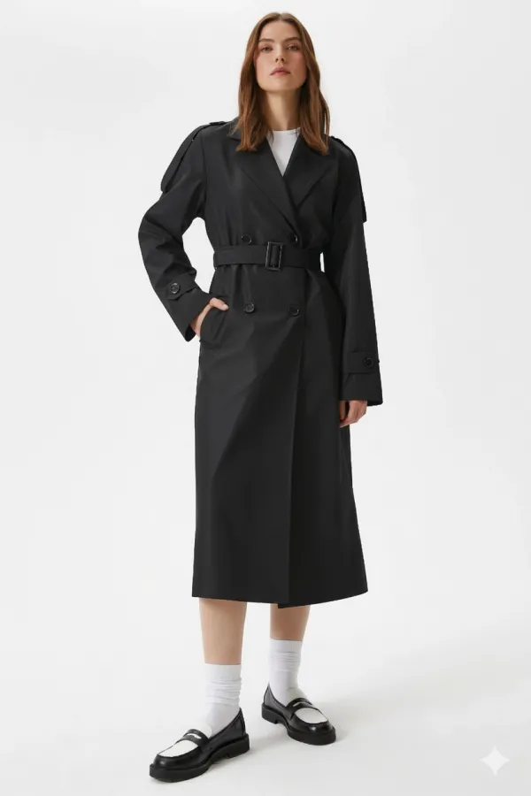 Trench-coat croisé noir doublé et ceinturé pour femme, modèle saisonnier HZL25W-BD159411