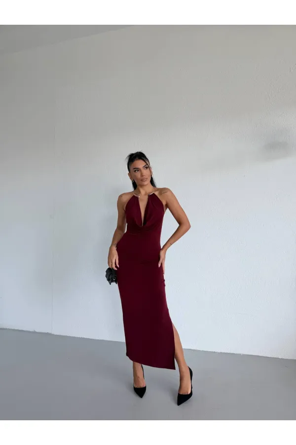 Kadın Bordo Boyundan Aksesuarlı Yandan Yırtmaçlı Midi Boy Sandy Elbise HZL26S-FRY123841