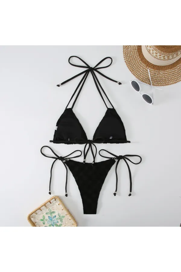 Kadın Siyah İp Bağlamalı Aksesuarlı Astarlı Yüksek Bel Üçgen Bikini Takım HZL24S-LC2229